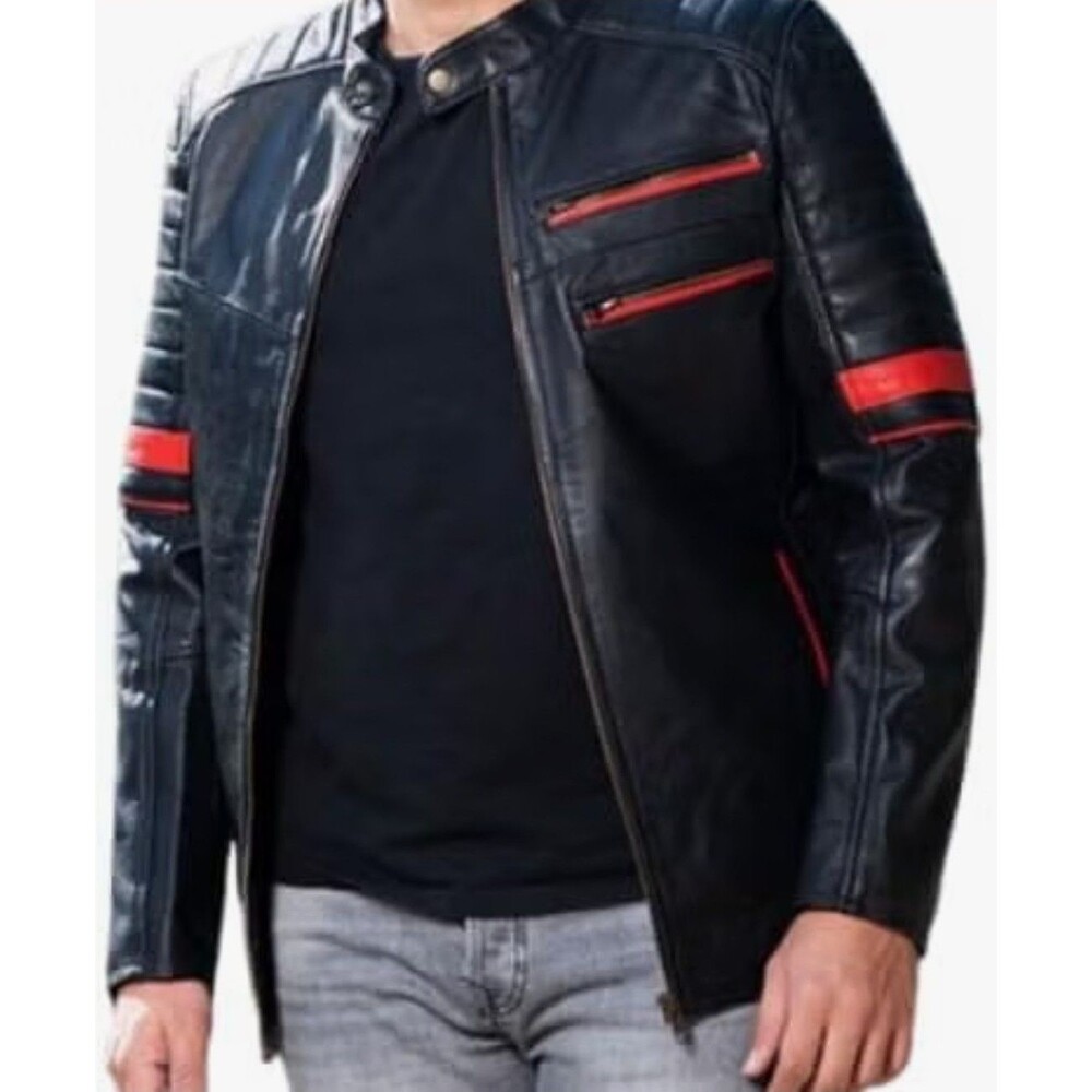 Men’ Black Biker Leather Jacket Stylish Red Accents Inside & Outfit Pockets